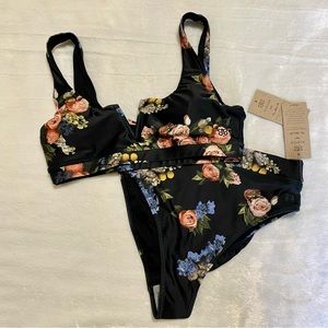 Albion Fit Deep V Bikini Top and Almost Cheeky Bottoms, Rose Black